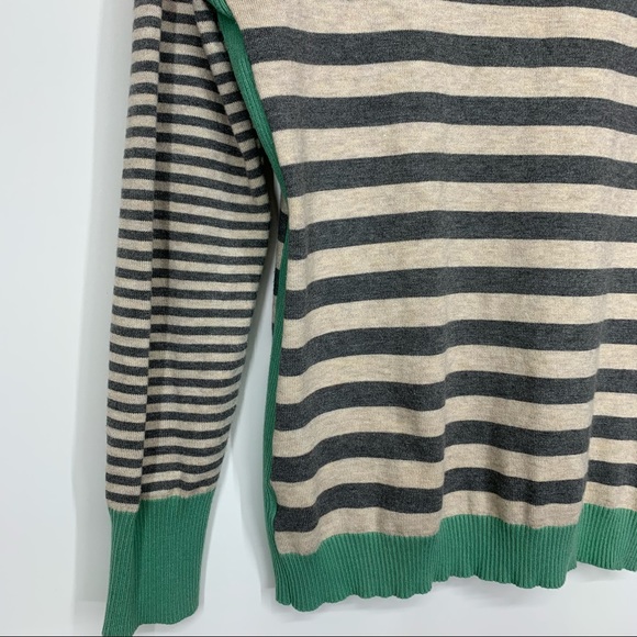 Olive & Oak Wide Striped Soft Preppy Fitted Scoop Neck Sweater Gray Cream Green - Picture 9 of 13